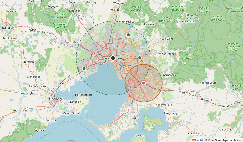 Map of Melbourne showing Serendib's general support coverage across the metro area, with emphasis on the south-eastern suburbs